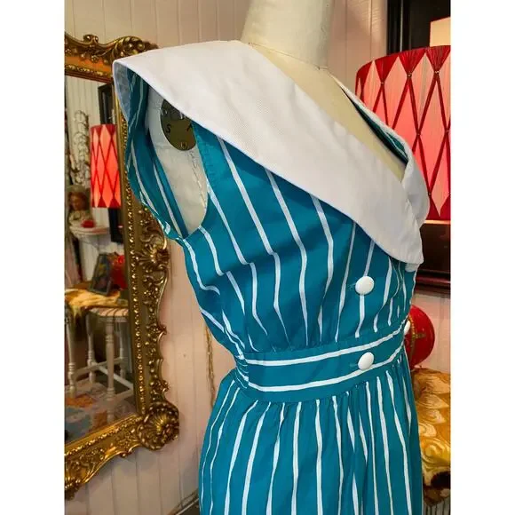 Vintage 1980s teal striped dress sailor collar cotton 80s style large retro 38 - Picture 5 of 9